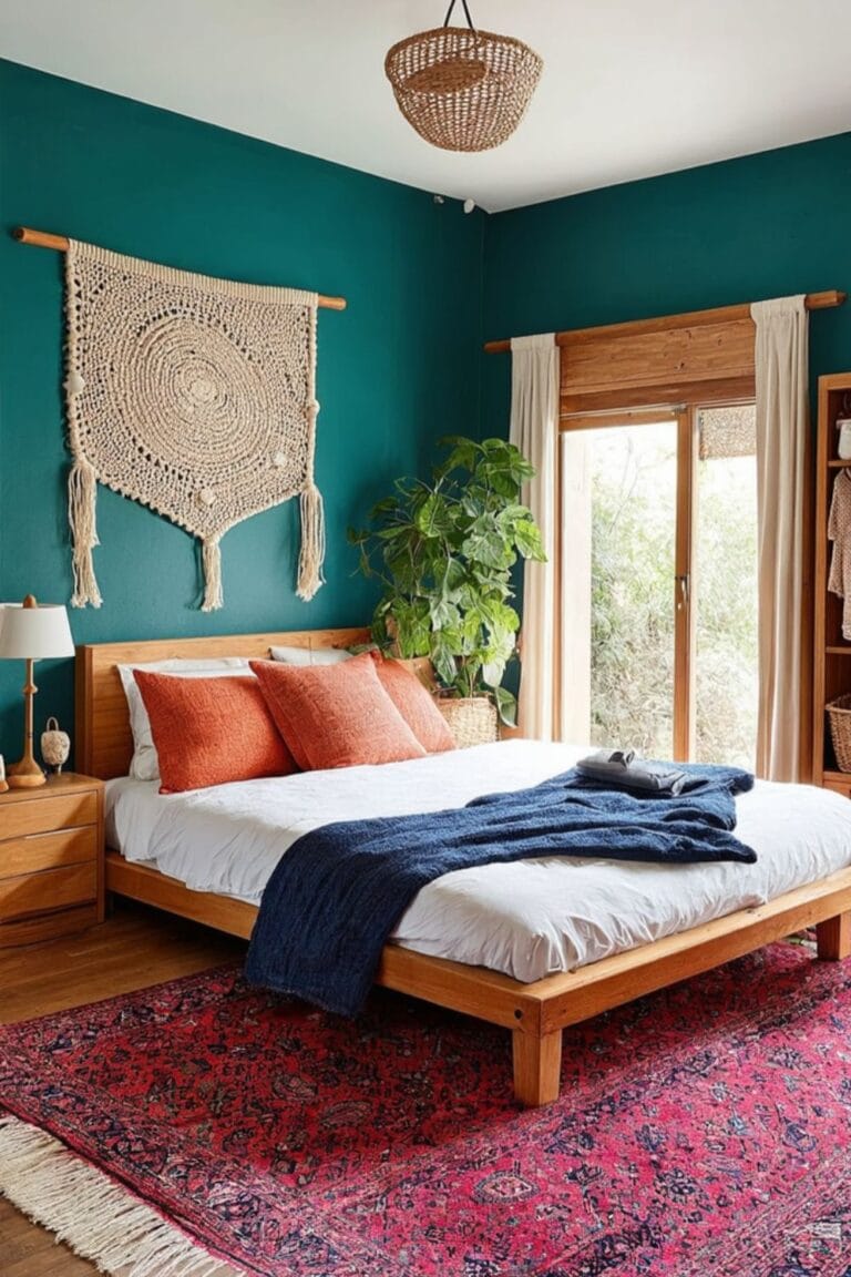 Boho Chic Bedroom with Bold Teal Walls, Warm Wood Accents & Cozy Textiles