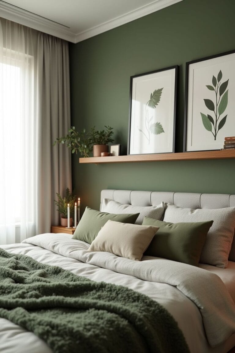 Cozy Green Bedroom Retreat_ Earthy Tones, Minimalist Design & Nature-Inspired Decor