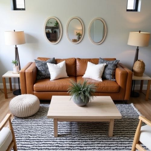 Cozy Modern Living Room Design Leather Sofa, Minimalist Decor & Stylish Accents