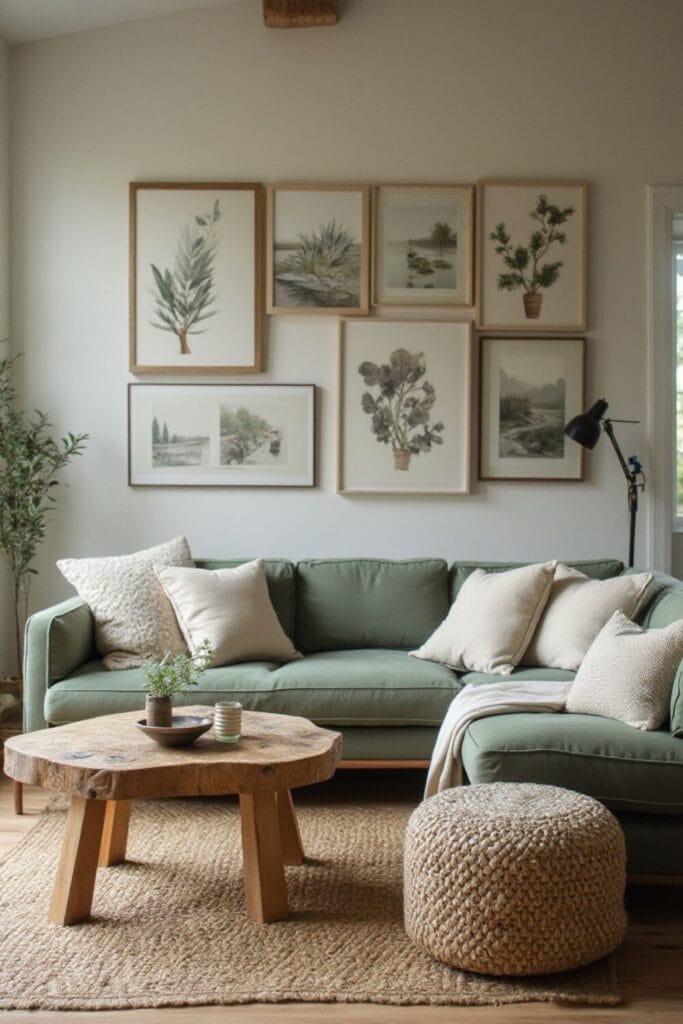 Cozy Neutral Living Room with Green Sofa and Rustic Decor