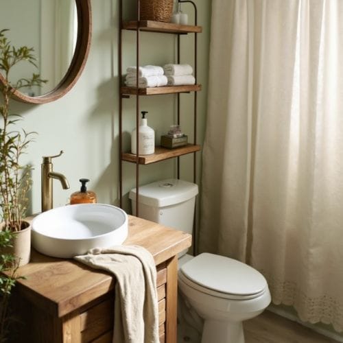 Cozy Rustic Bathroom Design - Natural Wood Accents & Minimalist Decor Ideas