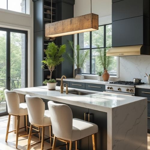 Luxury Modern Kitchen with Marble Waterfall Island & Gold Accents
