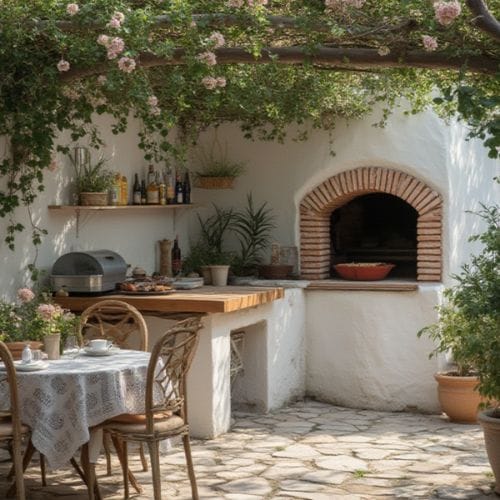 Mediterranean Outdoor Kitchen with Brick Pizza Oven and Flower-Covered Pergola