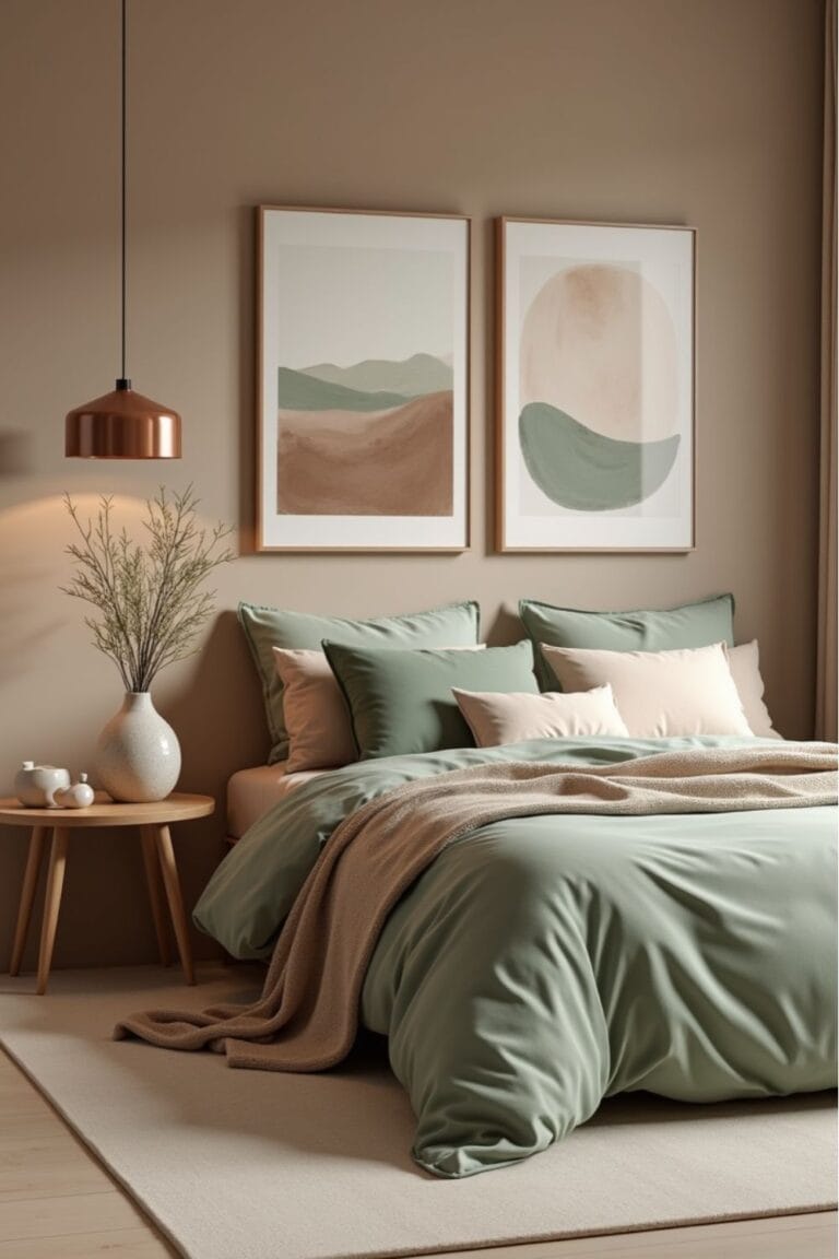 Modern Earthy Bedroom Decor with Sage Green Bedding and Minimalist Wall Art - Cozy Neutral Aesthetic