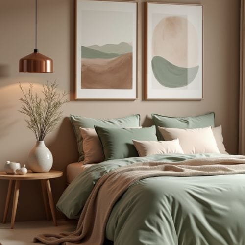 Modern Earthy Bedroom Decor with Sage Green Bedding and Minimalist Wall Art - Cozy Neutral Aesthetic