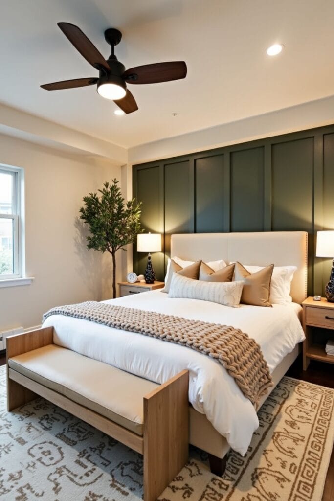 Modern Farmhouse Bedroom Decor _ Green Accent Wall, Cozy Textures & Natural Wood Accents for a Relaxing Retreat