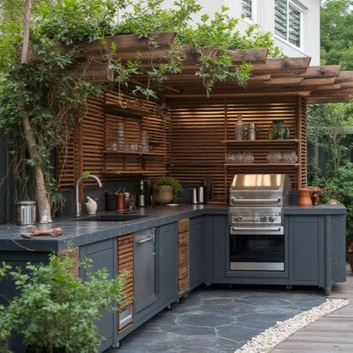 Modern Rustic Outdoor Kitchen with Pergola and Lush Greenery