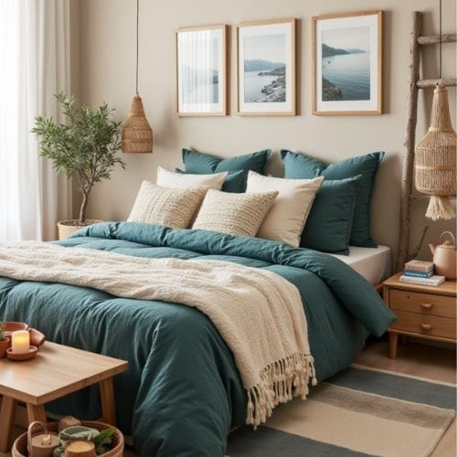 Serene Boho Bedroom Design with Teal Accents and Natural Woven Decor