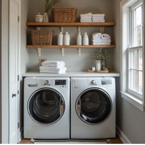 Stylish Small Laundry Room with Floating Shelves & Farmhouse Decor