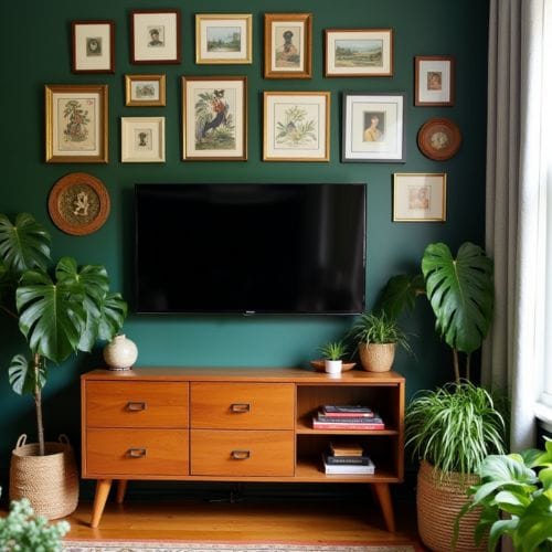 Vintage-Inspired Living Room_ Green Accent Wall, Mid-Century Modern Furniture, Bold Persian Rug