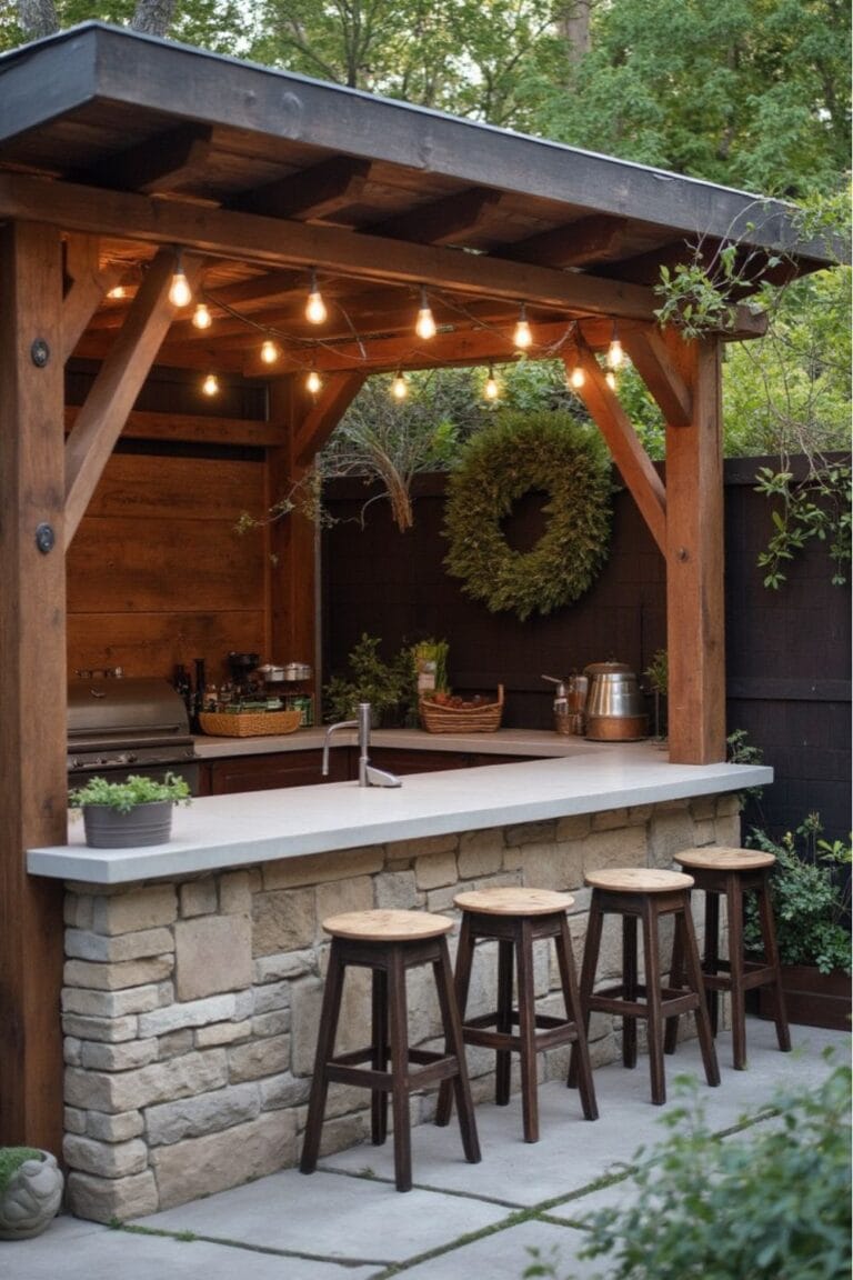 Backyard Rustic Outdoor Kitchen Bar Stone Countertop, Pergola & String Lights