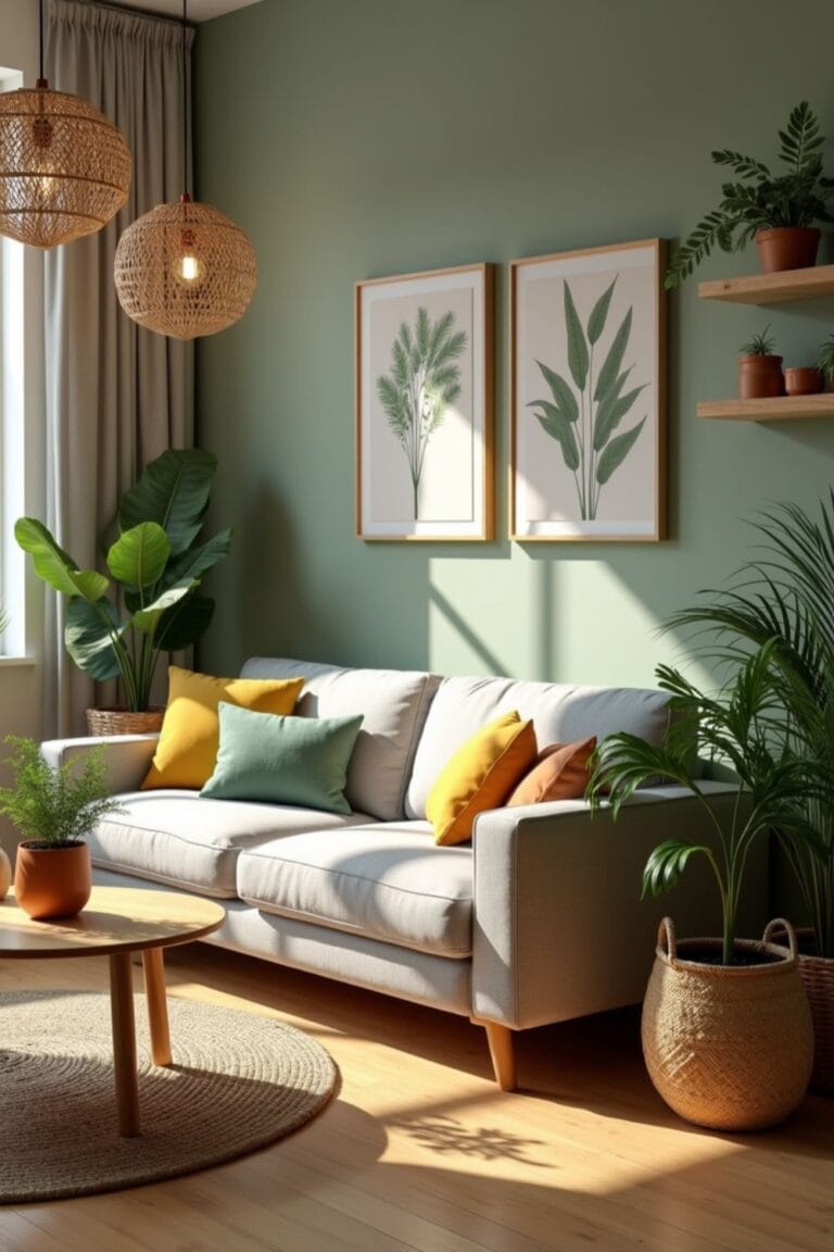 Boho Living Room Decor _ Green Accent Wall, Natural Textures & Vibrant Plants