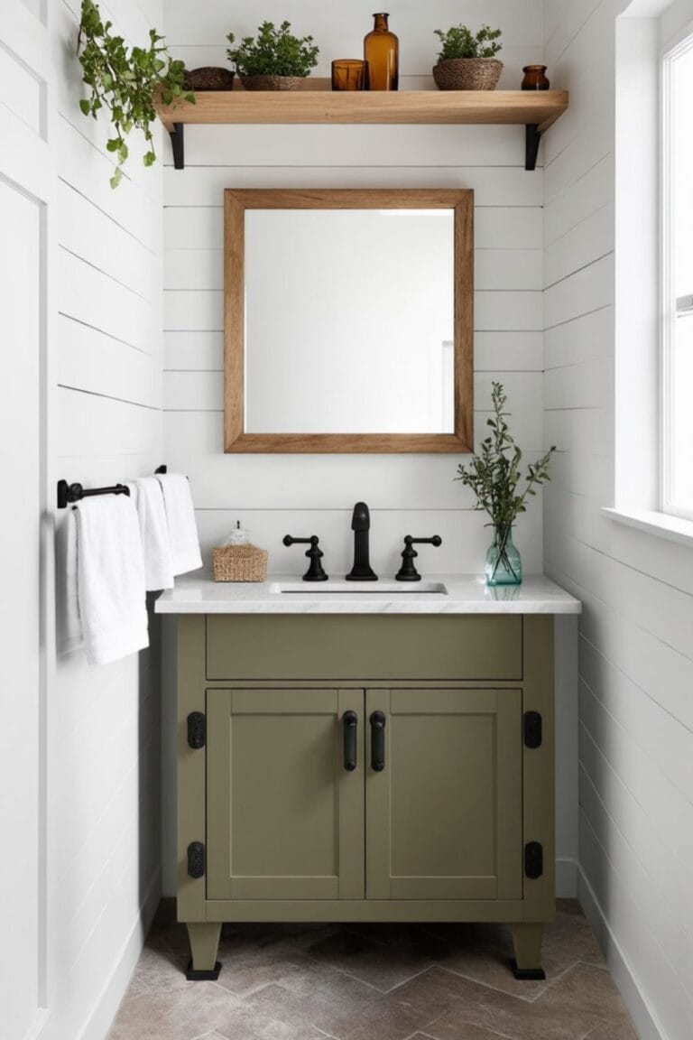Charming Farmhouse Bathroom with Olive Green Vanity, Natural Wood Accents, and Modern Black Fixtures