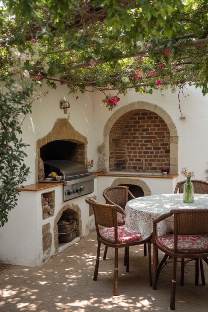 Charming Mediterranean Outdoor Kitchen with Brick Oven and Wicker Dining Set
