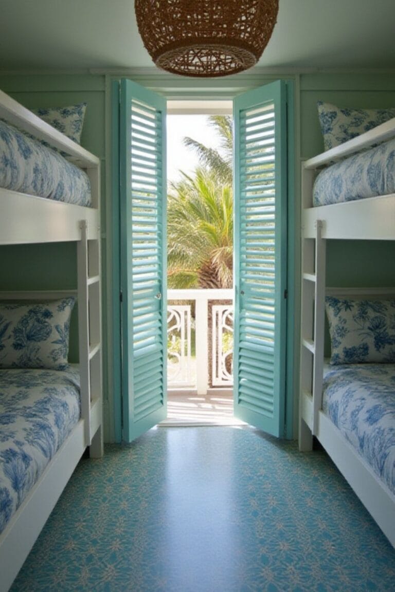 Coastal Bunk Room with Aqua Shutters, Palm View & Blue Botanical Bedding