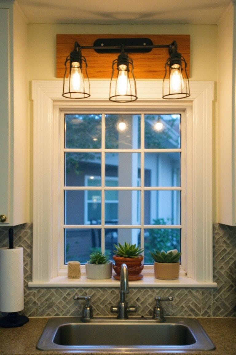 Cozy Kitchen Window Decor with Industrial Light Fixture and Succulent Plants