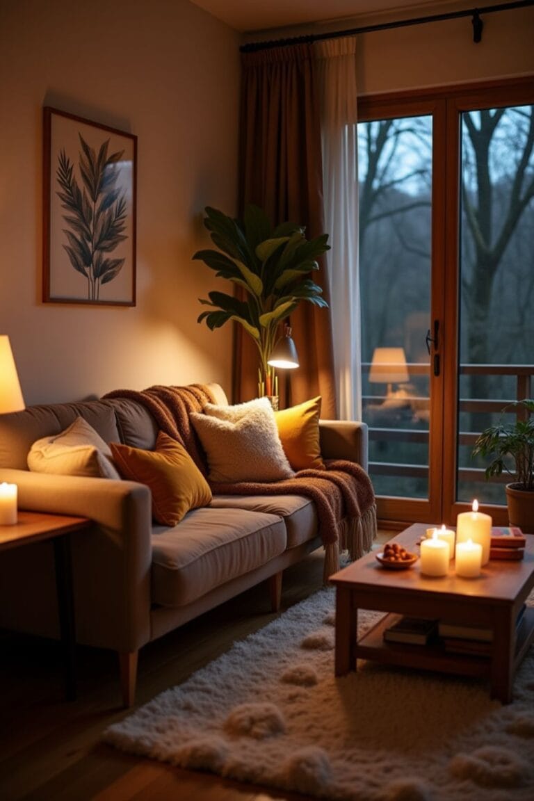 Cozy Living Room Decor Warm Lighting, Neutral Tones & Plush Textures