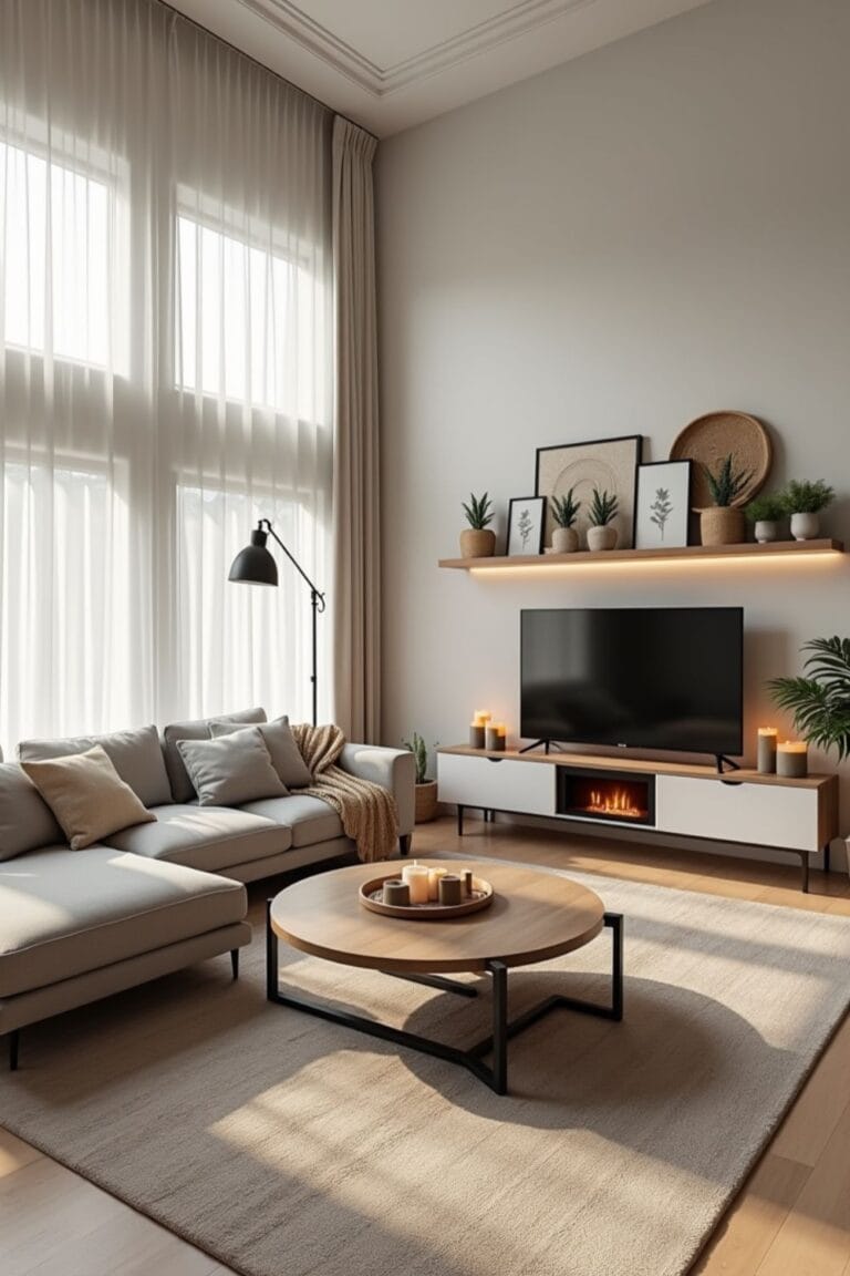 Cozy Minimalist Living Room - Neutral Tones, Warm Lighting, and Modern Decor