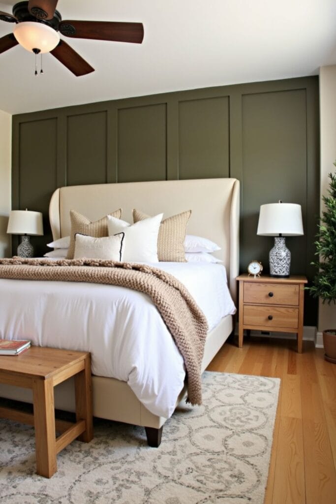 Cozy Modern Bedroom with Olive Green Accent Wall and Neutral Decor