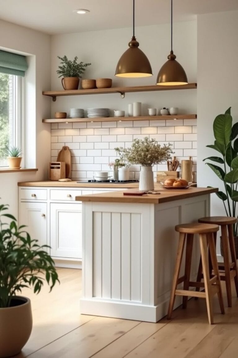 Cozy Modern Farmhouse Kitchen Design with White Cabinets, Wooden Accents, and Minimalist Décor