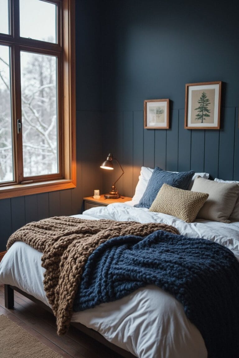 Cozy Winter Bedroom Decor with Chunky Knit Blankets & Dark Wall Accents