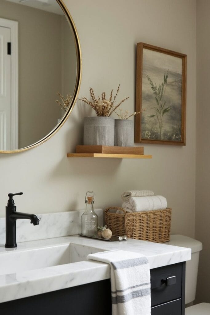 Elegant Minimalist Bathroom Decor with Neutral Tones, Black Fixtures & Cozy Rustic Touches