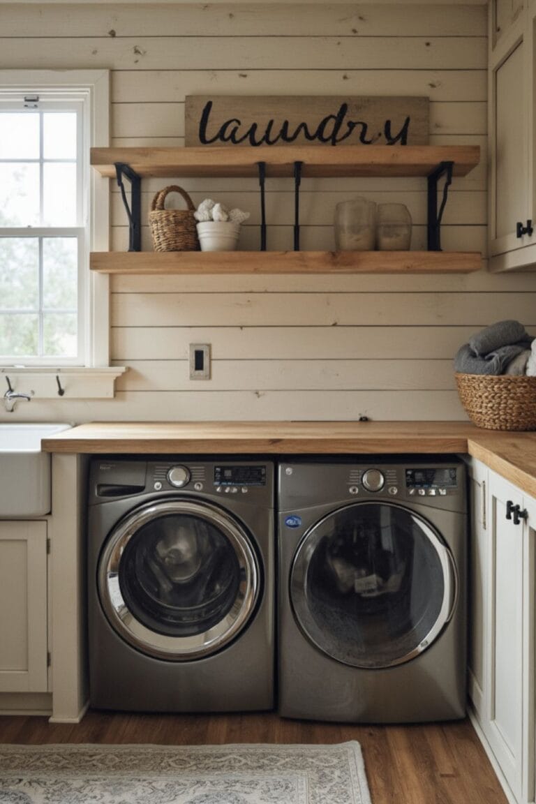 Farmhouse Laundry Room with Wood Countertops and Shiplap Walls