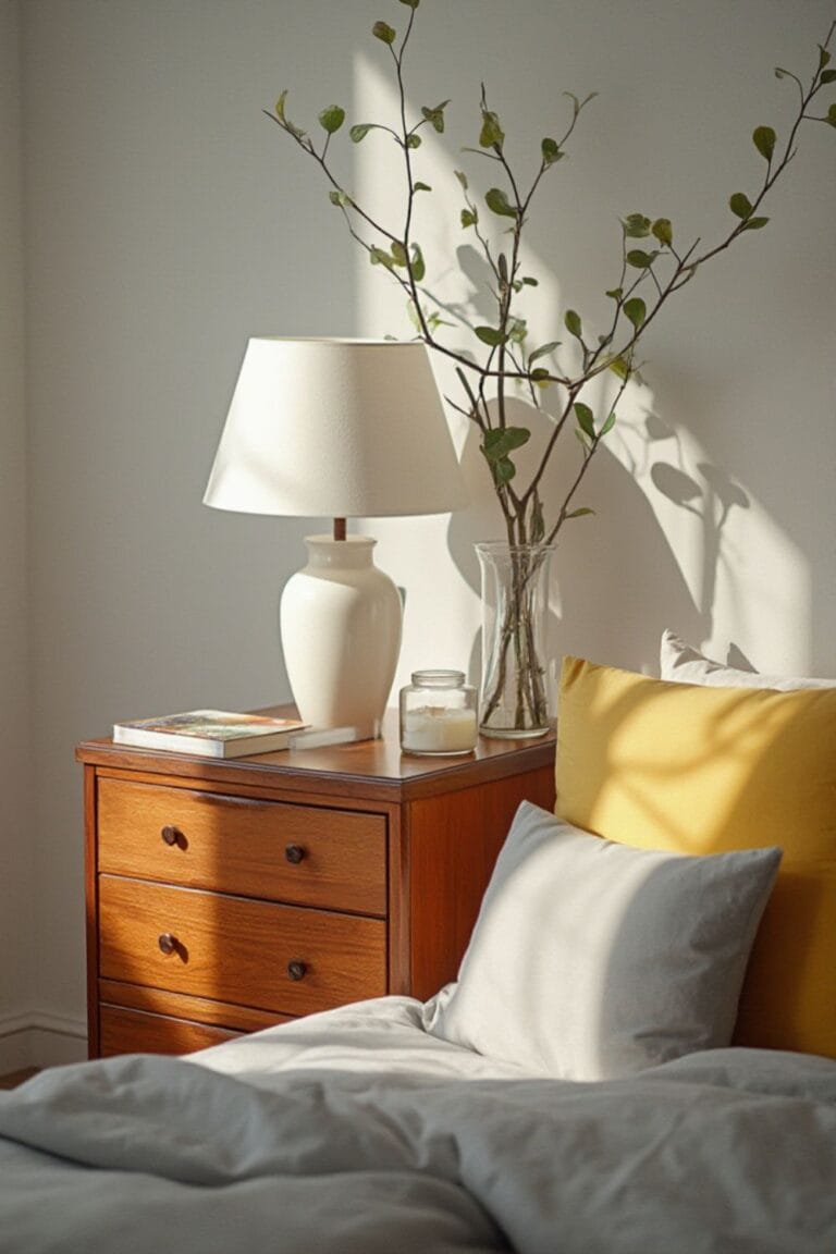 Minimalist Bedroom Corner with Natural Light, Vintage Nightstand & Cozy Accents