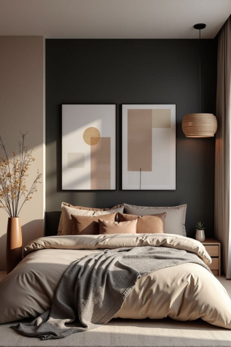 Minimalist Modern Bedroom Design with Earthy Tones and Geometric Wall Art - Warm Neutral Aesthetic and Cozy