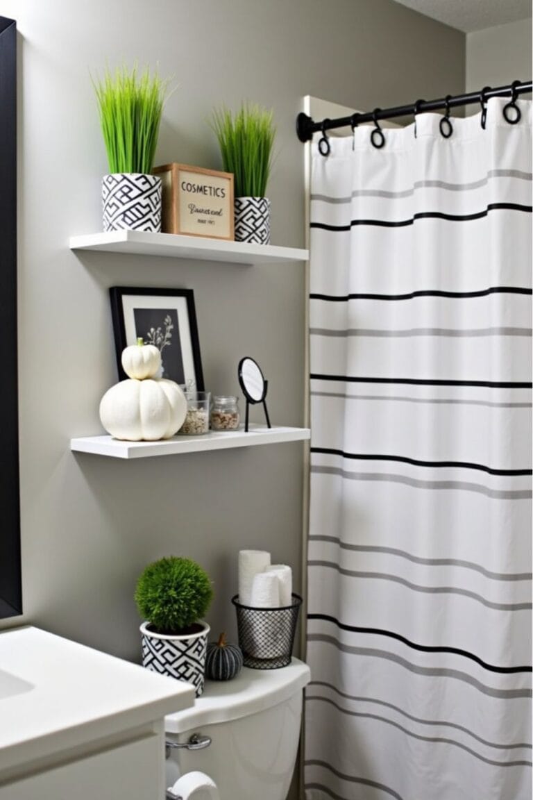 Modern Bathroom Decor Simple Shelf Styling, Black and White Accents, Minimalist Touches