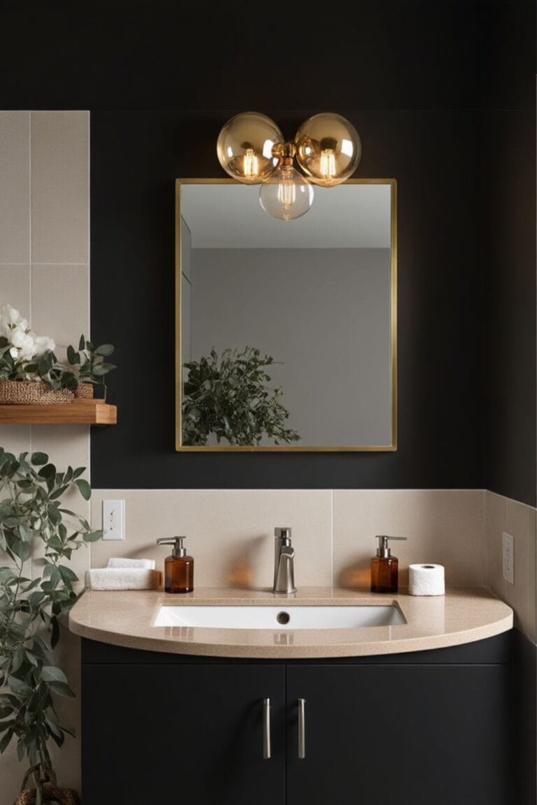 Modern Black and Beige Bathroom Vanity with Elegant Gold Accents and Stylish Lighting
