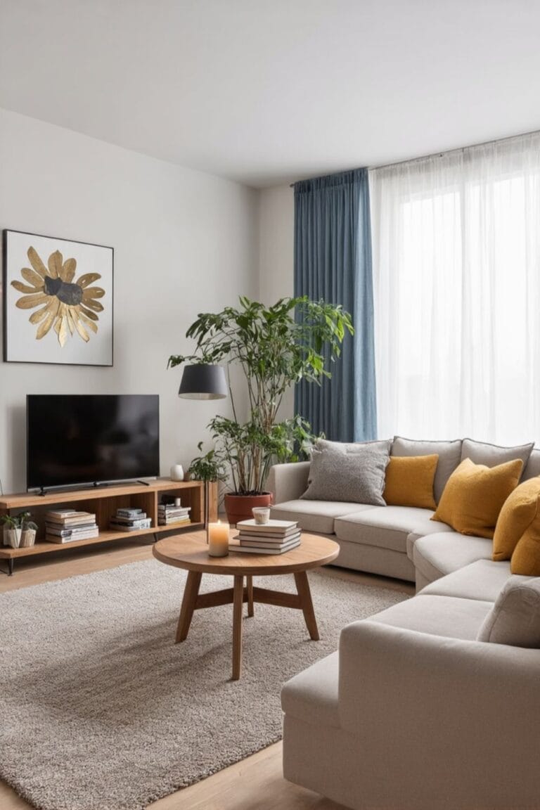 Modern Cozy Living Room with Neutral Tones, Plush Seating & Natural Accents