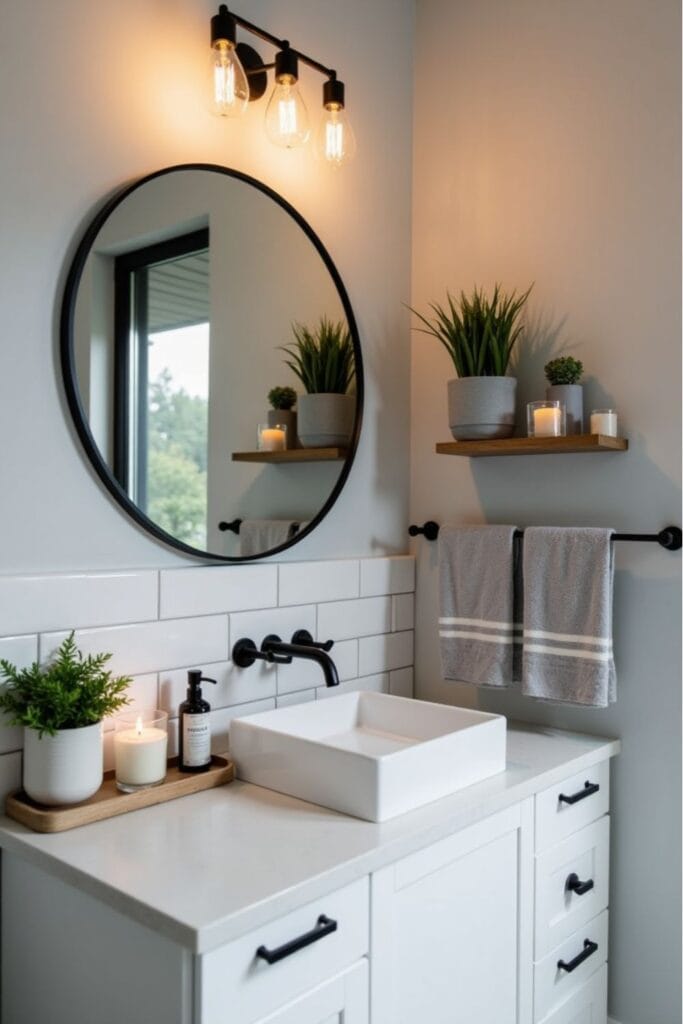 Modern Farmhouse Bathroom Decor Inspiration Minimalist Vanity Ideas, Black & White Fixtures