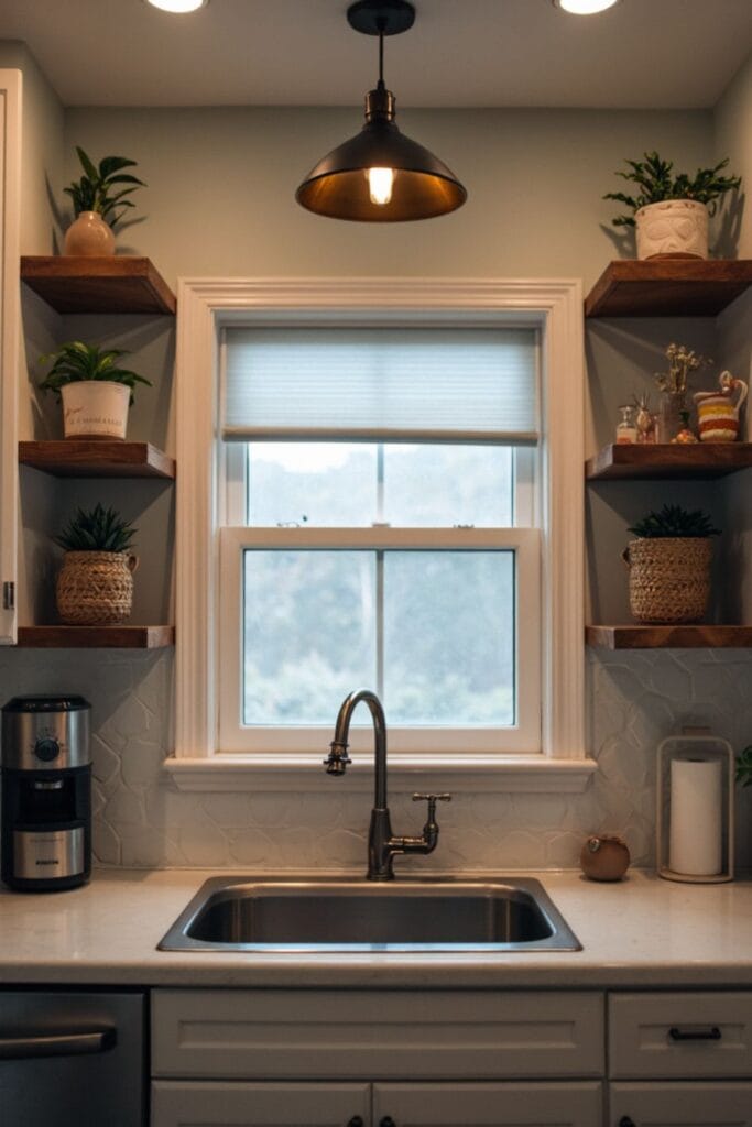 Modern Farmhouse Kitchen Sink Area _ Floating Shelves, Black Pendant Light & Greenery