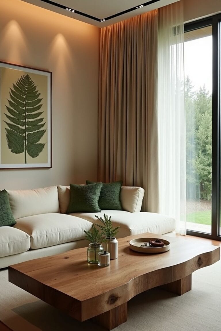 Modern Minimalist Living Room with Natural Wood Coffee Table and Earthy Green Accents
