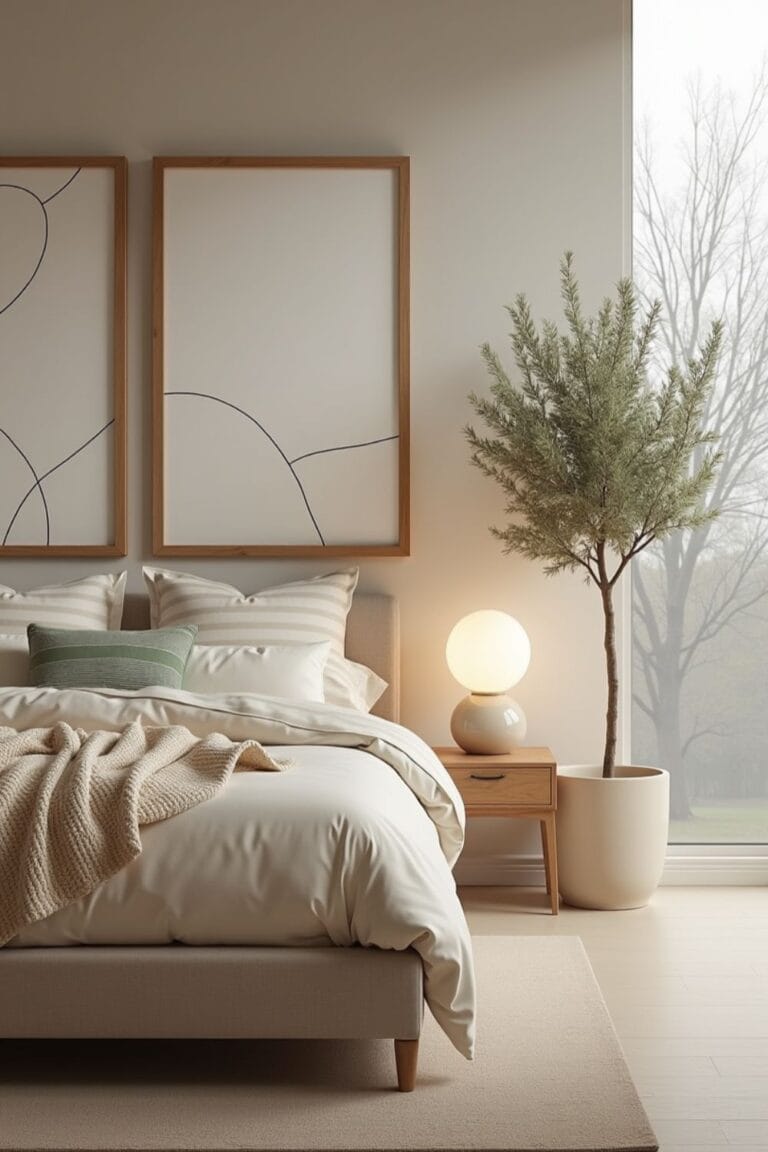 Neutral Modern Bedroom with Minimalist Art, Soft Lighting, and Cozy Bedding
