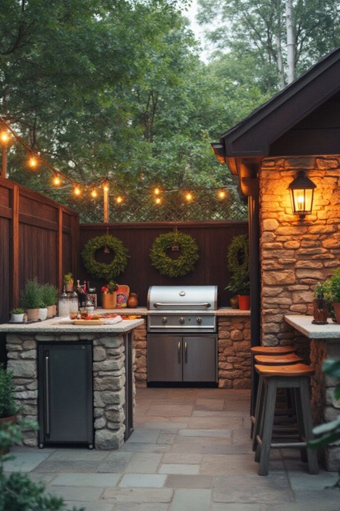 Rustic Outdoor Kitchen Design with Stone Accents and String Lights