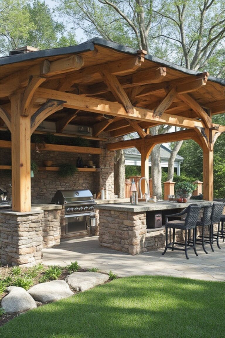 Rustic Outdoor Kitchen with Stone and Wood Details