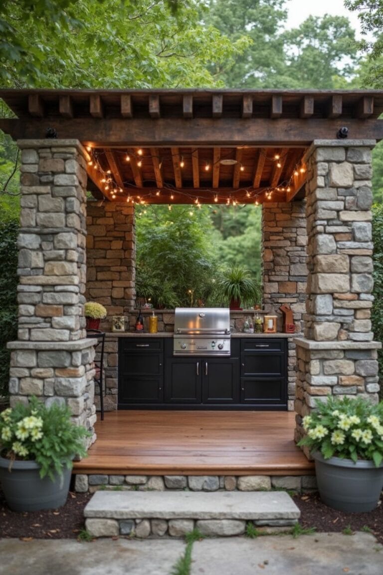 Rustic Stone Outdoor Kitchen with Grill Station and String Lights