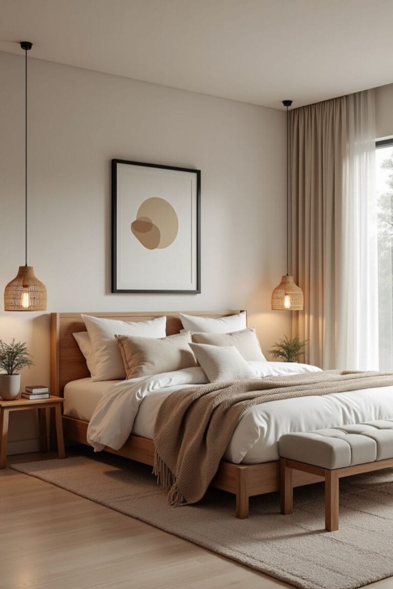 Scandinavian style bedroom with neutral bedding, wooden furniture, and rattan lights