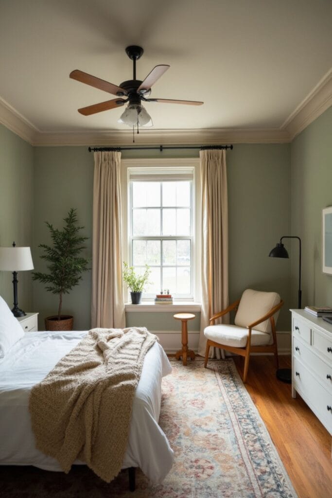 Serene Sage Green Bedroom with Cozy Neutrals & Mid-Century Modern Touches