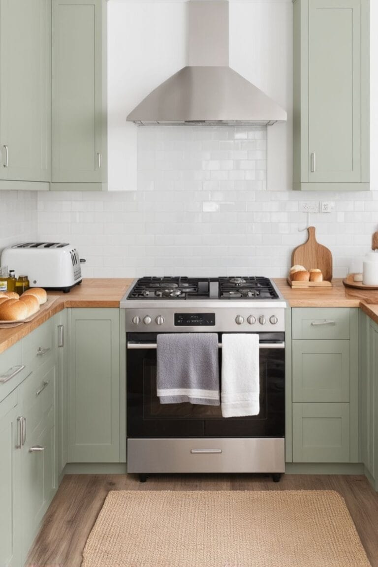 Small Modern Farmhouse Kitchen with Sage Green Cabinets _ Minimalist Kitchen Design