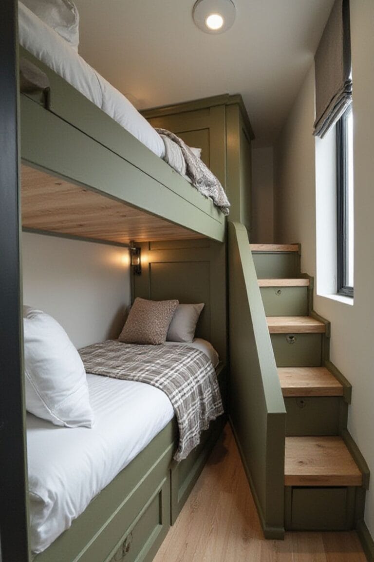 Small Space Bunk Room with Built-In Storage Stairs & Olive Green Paneling