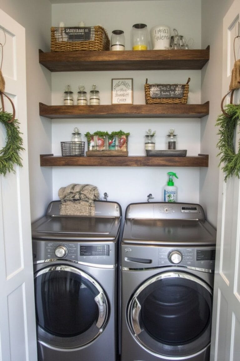Small Space Laundry Room Rustic Floating Shelves & Organized Storage