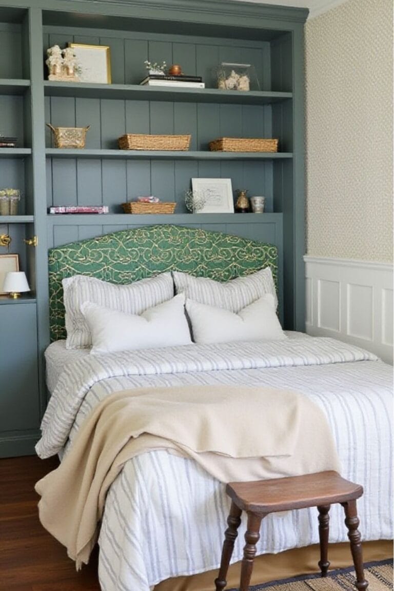 Traditional Bedroom with Built-In Shelves, Green Upholstered Headboard & Striped