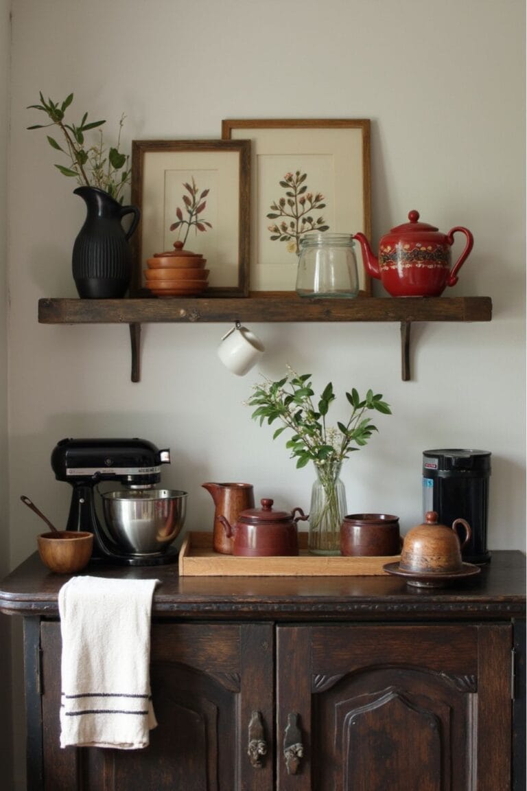 Vintage Coffee Station Decor _ Rustic Open Shelf, Red Teapot & Floral Accents