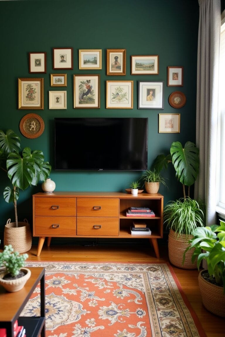 Vintage-Inspired Living Room_ Green Accent Wall, Mid-Century Modern Furniture, Bold Persian Rug