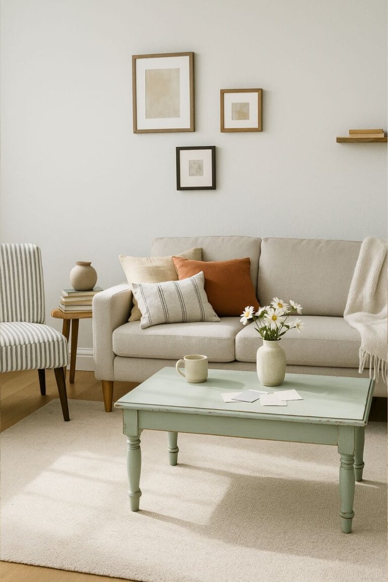 bright budget living room with painted table and neutral sofa