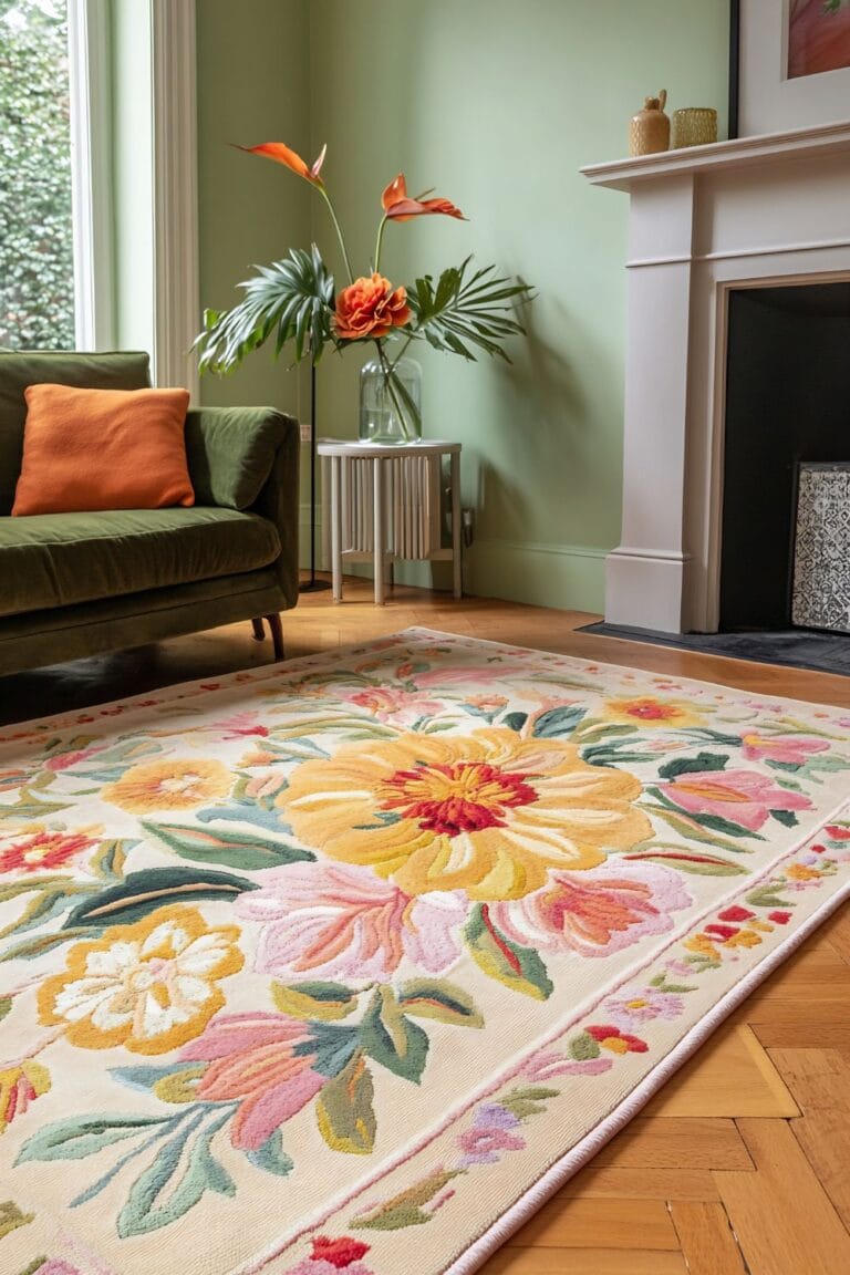 Colorful floral area rug in a bright living room with a green velvet sofa, placed to anchor the seating area and highlight proper rug placement in a small living space.