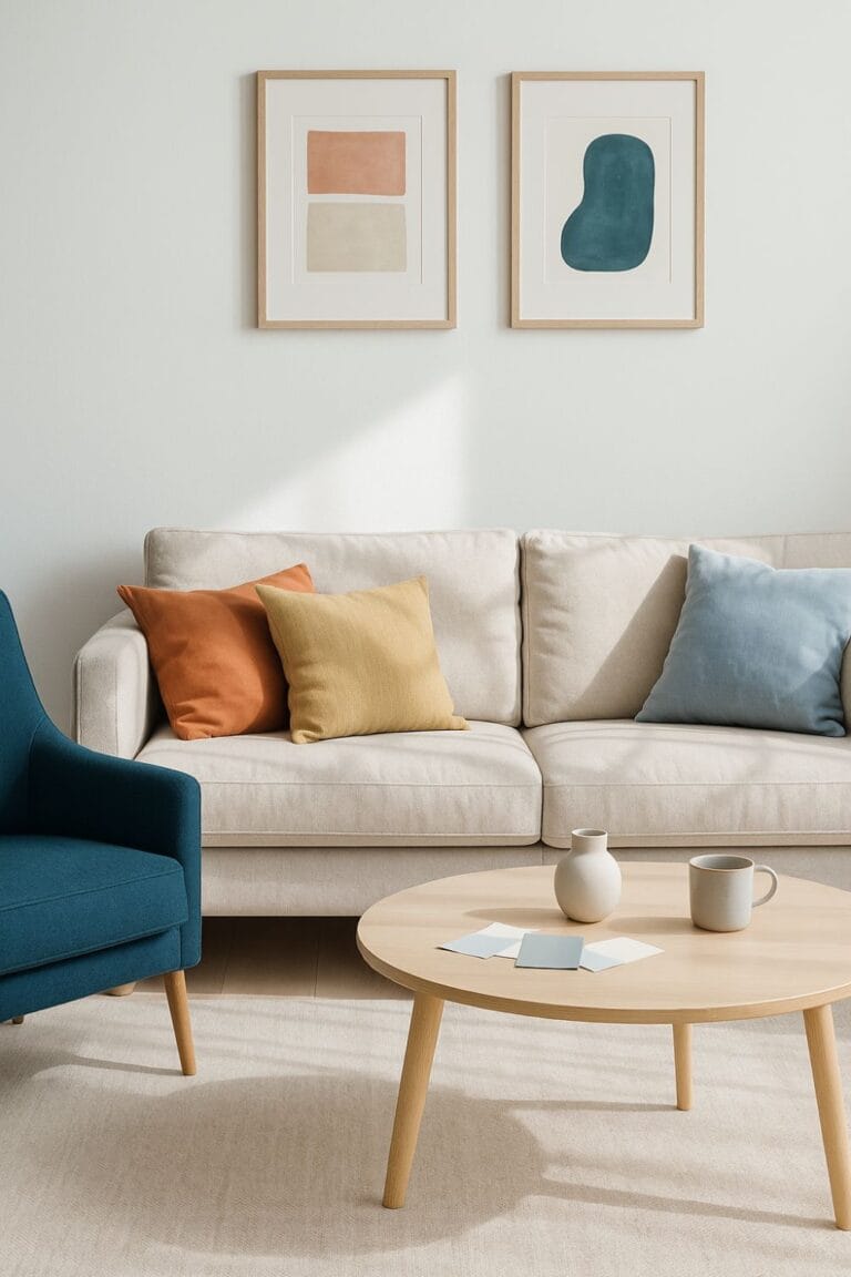 neutral sofa with colorful pillows and round table